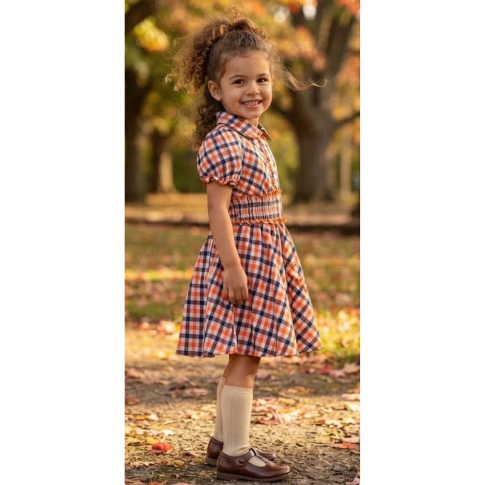 Maria‎ Elena Girls 4T Orange Navy Gingham Plaid Smocked Waist Fit & Flare Dress
